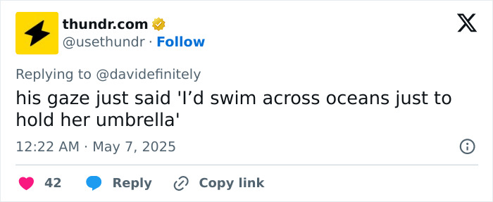 Tweet from thundr.com showing a quote about a guy in Lana Del Rey Met Gala photo sparking massive thirst online.