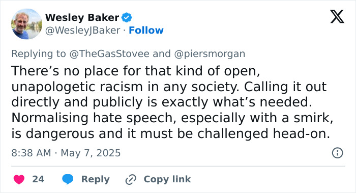 Twitter post by Wesley Baker condemning unapologetic racism and emphasizing the need to challenge hate speech directly. Twitter post by Wesley Baker condemning unapologetic racism and emphasizing the need to challenge hate speech directly.