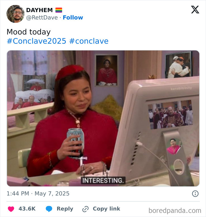 Woman dressed as a cardinal from The Simpsons sitting at a computer with memes referencing the first U.S. Pope election.