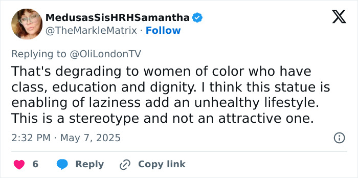 Tweet discussing the statue of Black woman in NYC Times Square sparking debate on dignity and stereotypes.