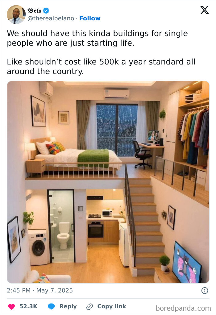 Meme about women struggles showing affordable small modern apartment idea for single people starting life.