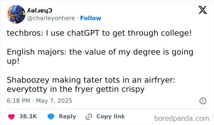 Funny tweet about techbros, English majors, and airfryer tater tots from a May humor collection.