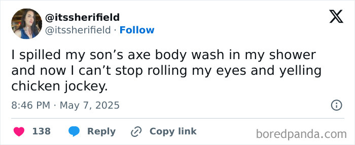 Tweet about parenting mishap with spilled body wash, showing humorous realities of parenting challenges in May edition.