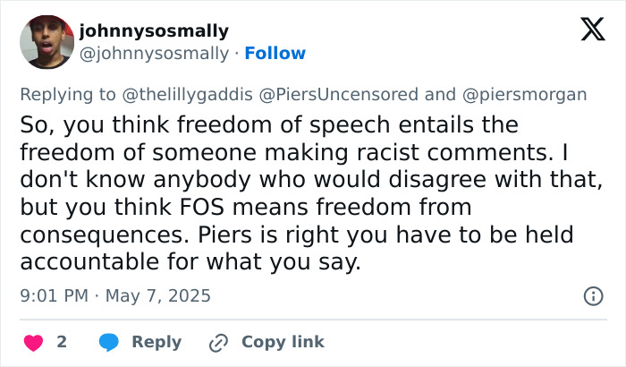 Tweet discussing freedom of speech and accountability in context of a trad-wife influencer defending fundraiser controversy. Tweet discussing freedom of speech and accountability in context of a trad-wife influencer defending fundraiser controversy.