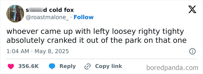 Screenshot of a humorous British tweet about "lefty loosey righty tighty" showcasing British people being the best comedians.
