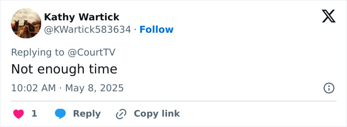 Screenshot of a social media reply stating not enough time, related to babysitter fatal Benadryl dose case.