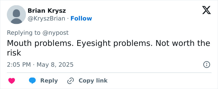 Screenshot of a tweet warning about Ozempic teeth and related mouth and eyesight problems linked to weight loss meds.