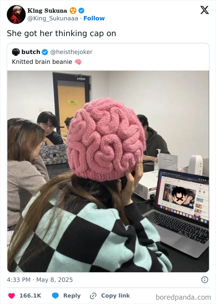 Person wearing a pink knitted brain beanie sitting at a table with a laptop, a funny random meme scene indoors.