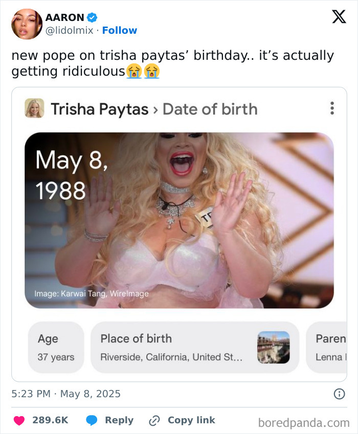Tweet showing a birthday meme of Trisha Paytas with reactions, related to Simpsons artist and first U.S. Pope election memes.