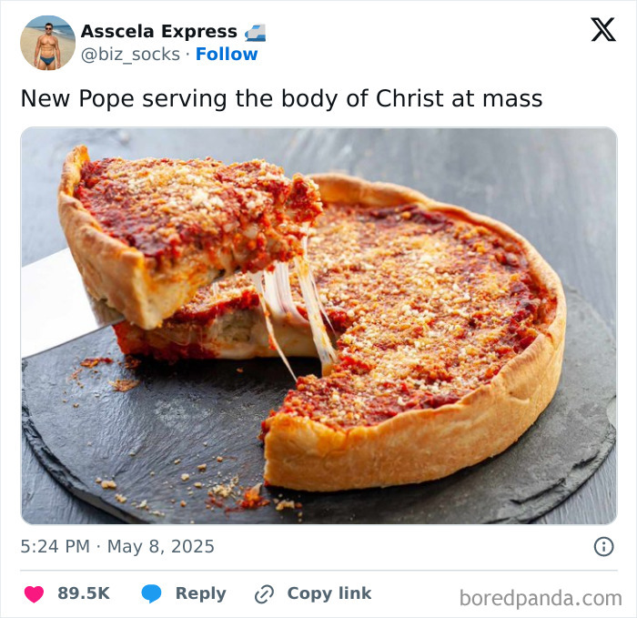 Deep dish pizza slice being lifted with cheese stretch, featured in Simpsons artist memes after first U.S. Pope is elected.
