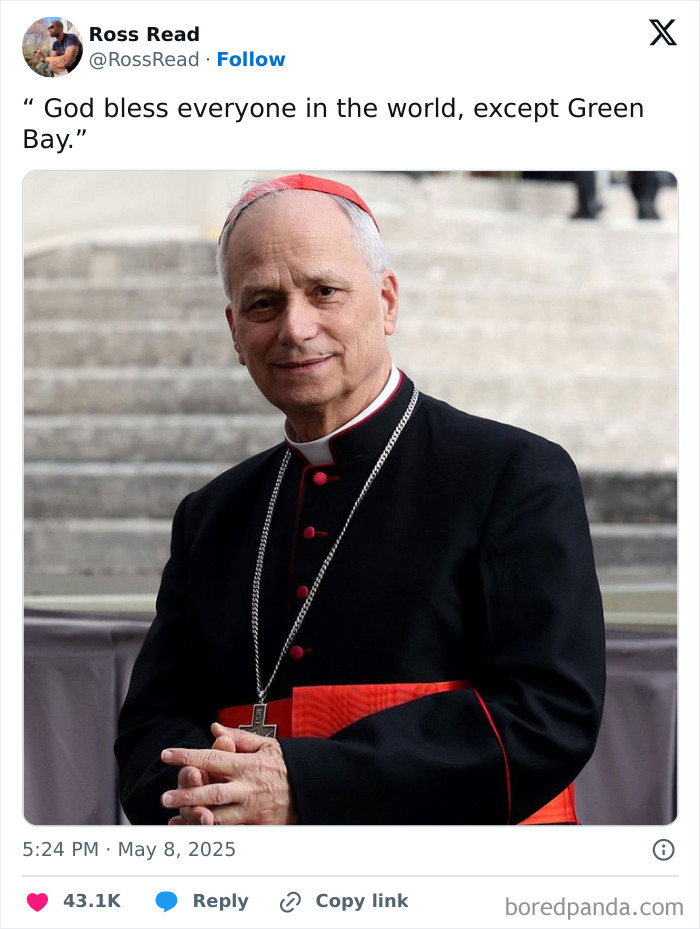 Cardinal dressed in religious attire with red accents, memes flood internet after first U.S. pope is elected