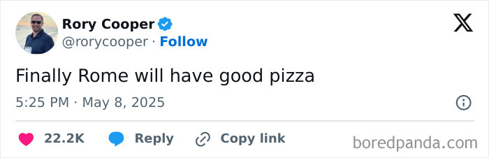 Tweet by Rory Cooper humorously commenting on Rome's first U.S. Pope election, sparking Simpsons artist memes online.