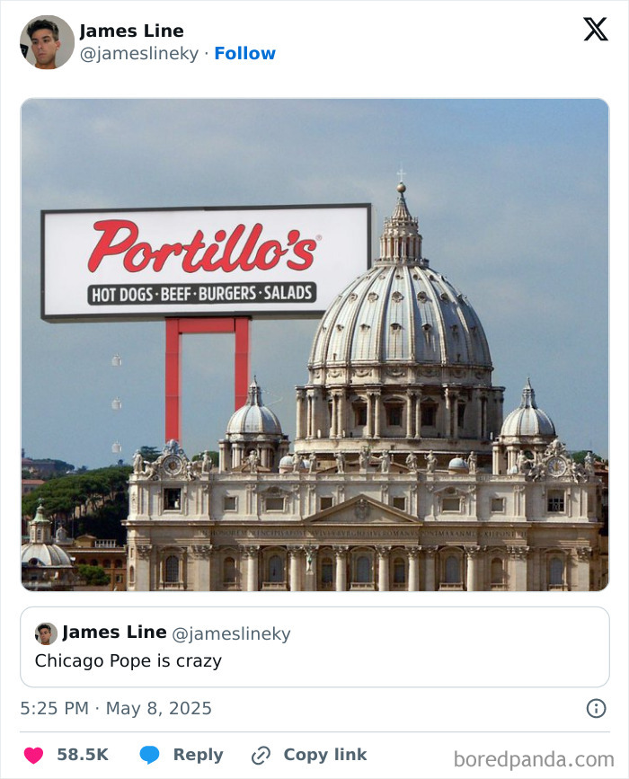 Portillo’s sign photoshopped onto the dome of a famous Vatican building, referencing Simpsons artist memes online.