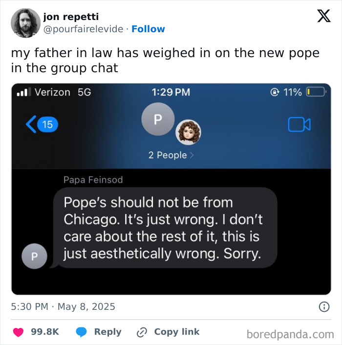 Text message exchange about opinions on the new pope, shared in a group chat, tied to Simpsons artist drew him memes.