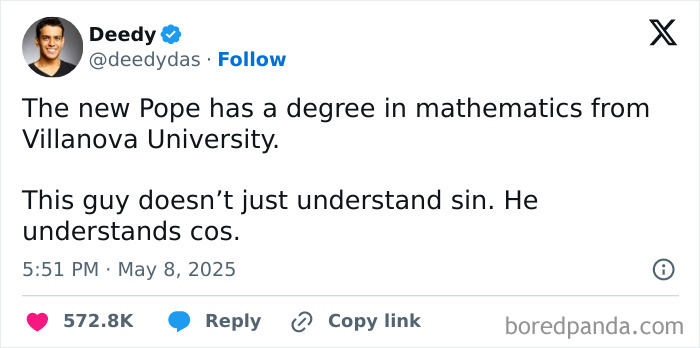 Twitter post mocking new Pope with math joke, blending humor and clever wordplay in mocking posts and jokes memes.