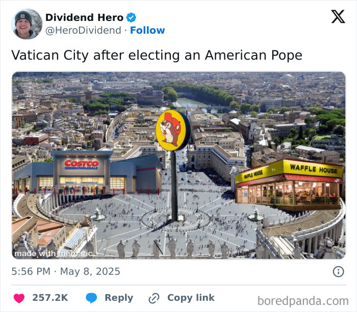 Aerial view of Vatican City edited with Costco and Waffle House stores, reflecting memes about first U.S. Pope election.