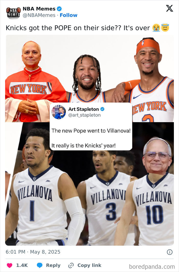 NBA memes featuring the new U.S. Pope and Knicks players with references to Simpsons artist drawings and viral memes.