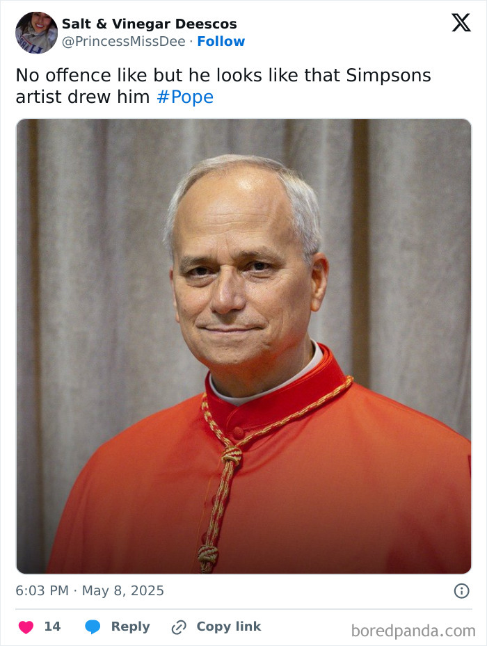 Man in red religious attire with gray hair, resembling Simpsons artist drew him in memes about Pope election.