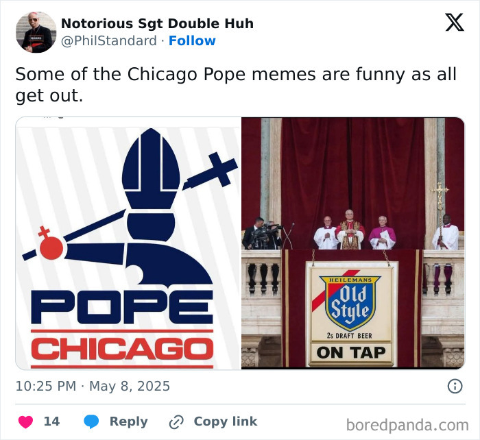 Social media post showing Chicago Pope memes inspired by Simpsons artist after the first U.S. Pope election.