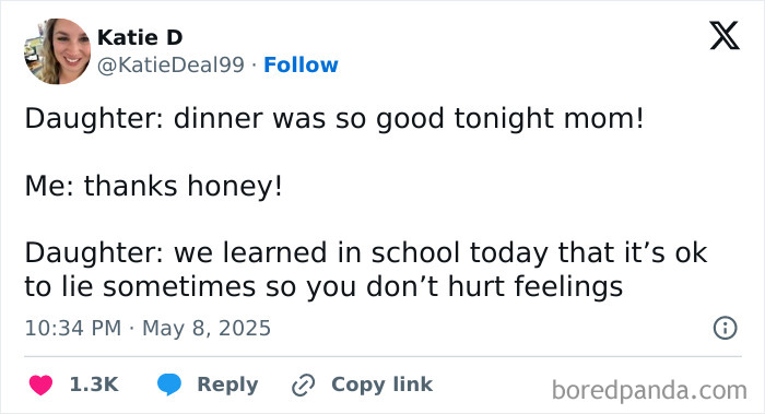 Tweet showing humorous parenting reality where a child explains lying is sometimes okay to avoid hurting feelings.