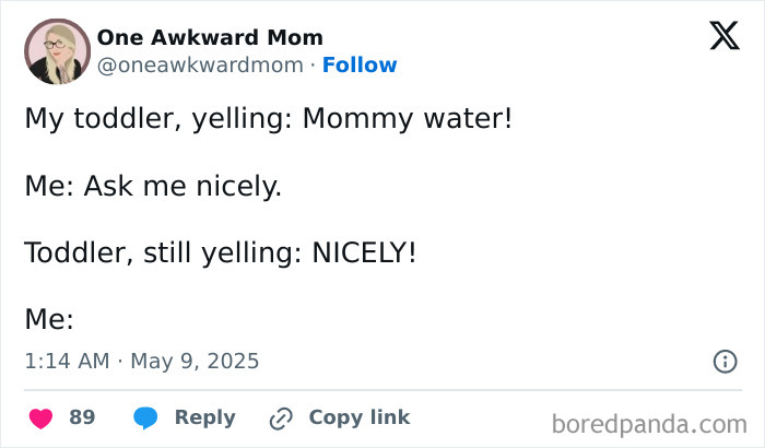 Tweet from One Awkward Mom sharing a humorous moment about parenting and toddler communication challenges.