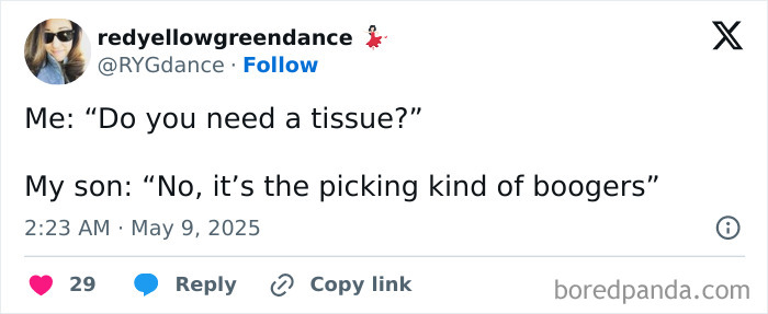 Tweet showing a humorous parenting moment about kids and boogers, reflecting real-life parenting realities in May edition tweets.