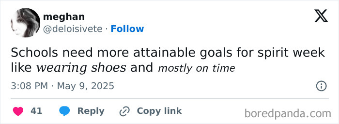 Tweet from Meghan about parenting realities, humorously suggesting attainable spirit week goals like wearing shoes and being on time.