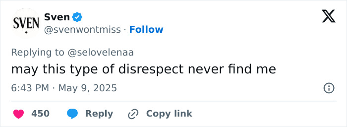 Tweet expressing hope to avoid disrespect, referencing Justin Bieber sparking fury over a vile Mother's Day post.