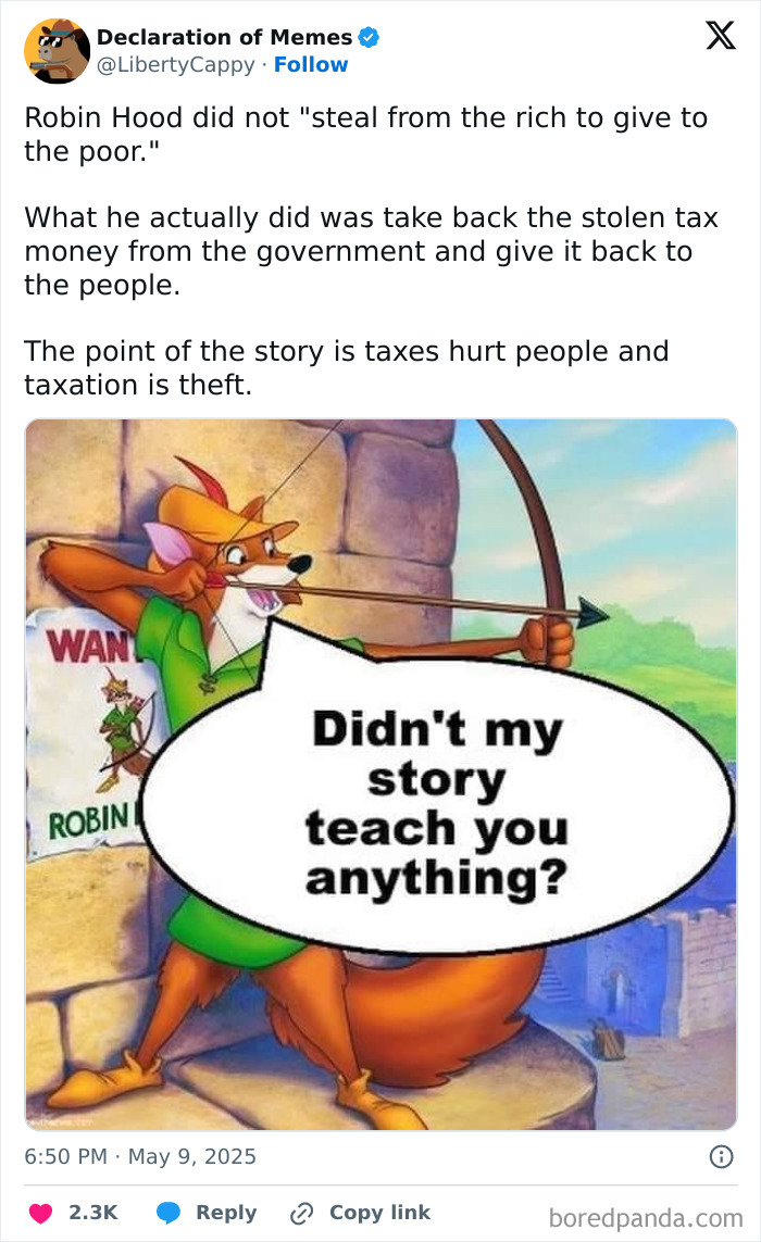 Tweet about political frustration with a Robin Hood cartoon questioning lessons on taxation and government.