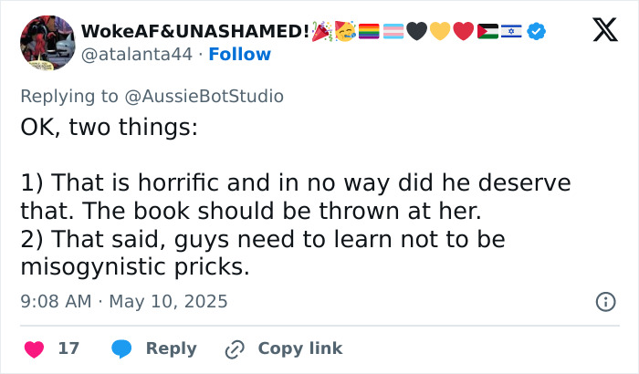 Screenshot of a tweet condemning misogynistic remarks after a woman sets childhood male friend on fire.