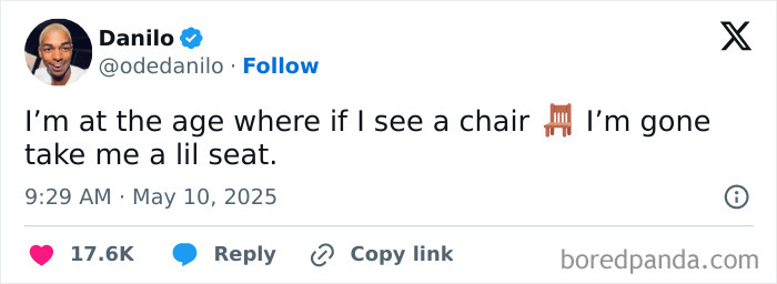 Tweet showing a hilariously relatable meme about wanting to sit when seeing a chair, fitting the relatable memes theme.
