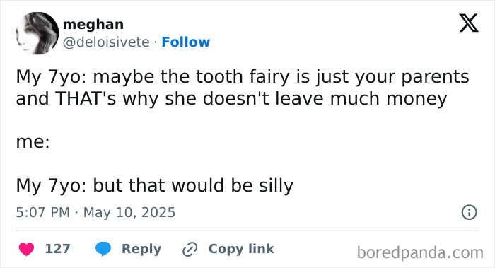 Tweet from a parent sharing a humorous insight into the realities of parenting involving a child's tooth fairy doubts.