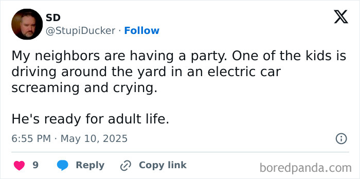 Tweet about a child driving an electric car screaming and crying, highlighting the realities of parenting humor.