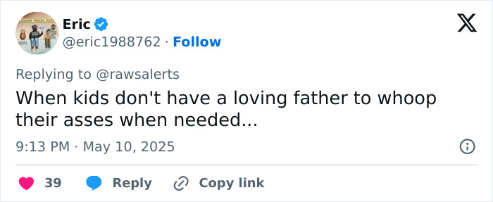 Tweet by user Eric replying to another account, commenting on discipline related to kids refusing to comply. Tweet by user Eric replying to another account, commenting on discipline related to kids refusing to comply.