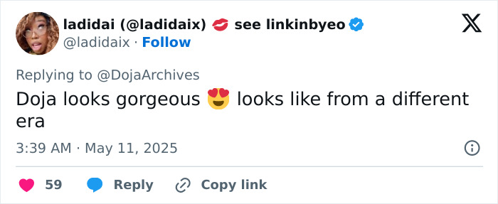 A tweet praising Doja Cat's look amid rumors of a plastic surgery mishap on the red carpet. A tweet praising Doja Cat's look amid rumors of a plastic surgery mishap on the red carpet.