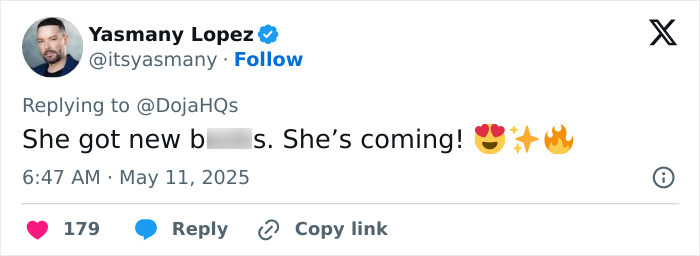 Tweet from Yasmany Lopez reacting to Doja Cat’s plastic surgery mishap with excitement and praise, posted in May 2025. Tweet from Yasmany Lopez reacting to Doja Cat’s plastic surgery mishap with excitement and praise, posted in May 2025.