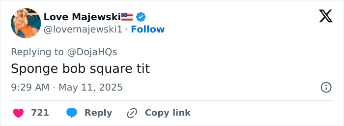 Tweet screenshot showing a user replying with a humorous comment, related to Doja Cat plastic surgery mishap discussion. Tweet screenshot showing a user replying with a humorous comment, related to Doja Cat plastic surgery mishap discussion.