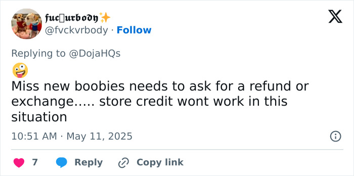 Screenshot of a tweet about Doja Cat plastic surgery mishap, mentioning need for refund or exchange, posted in 2025. Screenshot of a tweet about Doja Cat plastic surgery mishap, mentioning need for refund or exchange, posted in 2025.