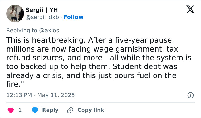 Tweet discussing the impact of student loan collections resuming with wage garnishment and tax refund seizures. Tweet discussing the impact of student loan collections resuming with wage garnishment and tax refund seizures.