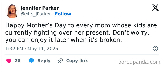 Tweet about the realities of parenting on Mother's Day, humorously highlighting kids fighting over gifts.