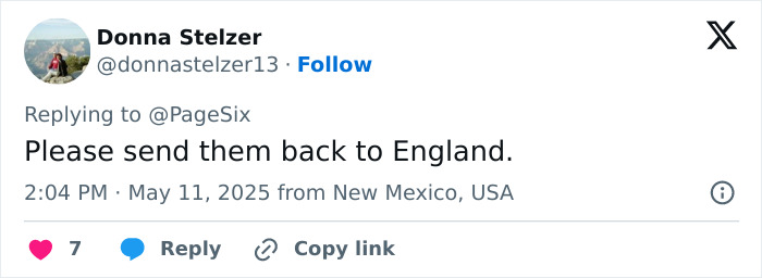Tweet from Donna Stelzer replying to PageSix with a comment about sending them back to England, posted from New Mexico.