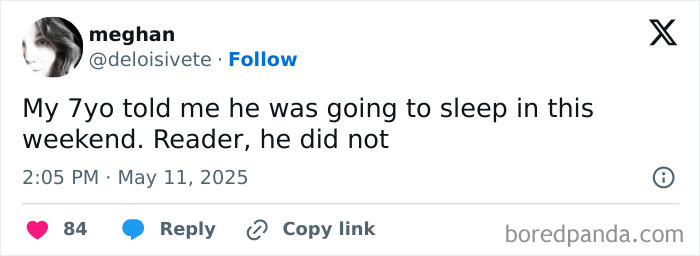 Screenshot of a humorous parenting tweet about a 7-year-old’s weekend sleep plans, reflecting real parenting realities.