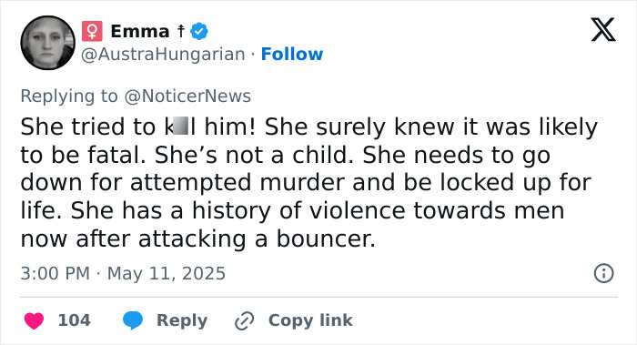 Tweet screenshot discussing a woman&rsquo;s violent attack on a childhood male friend after a kitchen comment.