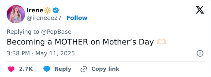 Tweet by Irene celebrating becoming a mother on Mother's Day with discussions around Elon Musk and Amber Heard's twins. Tweet by Irene celebrating becoming a mother on Mother's Day with discussions around Elon Musk and Amber Heard's twins.