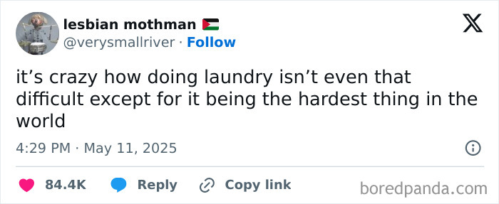 Tweet from May humorously describing laundry as the hardest task, featured in funny May tweets collection.