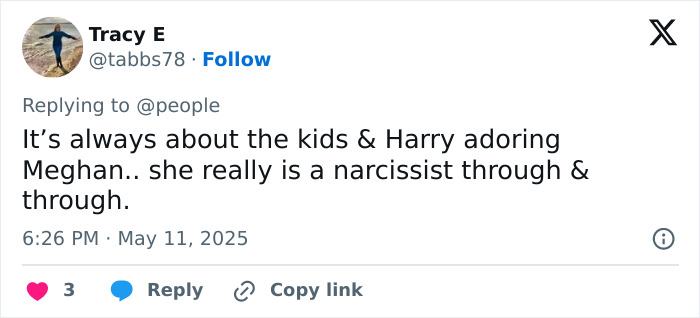 Tweet by Tracy E criticizing Meghan Markle, mentioning Harry and their children Lilibet and Archie after SNL trolling.