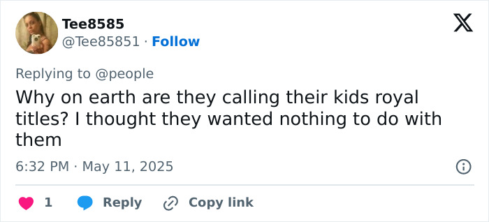 Tweet criticizing Meghan Markle&rsquo;s children&rsquo;s royal titles amid Mother&rsquo;s Day and SNL trolling discussions.