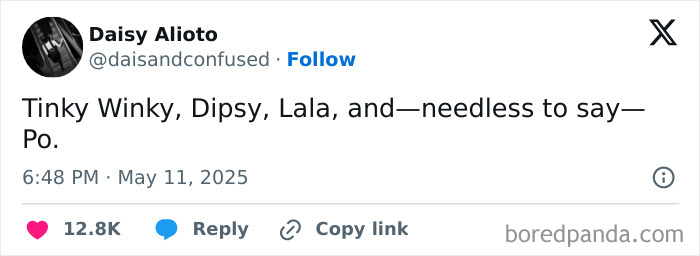 Screenshot of a funny May tweet mentioning Tinky Winky, Dipsy, Lala, and Po from a popular TV show.