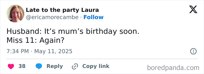 Tweet by Late to the party Laura humorously highlighting parenting realities with a conversation about a mum’s birthday.