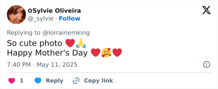 Tweet from Sylvie Oliveira commenting on a cute Mother's Day photo related to Meghan Markle's children Lilibet and Archie.